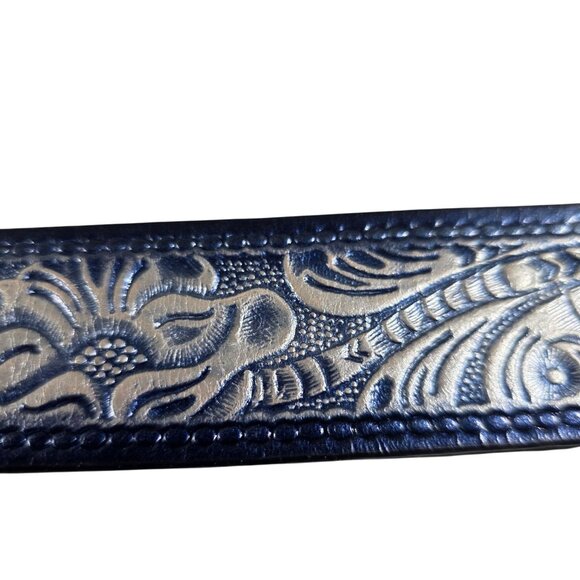 Leather Belt Ornate Silver tone Buckle Floral Embossing  women 2XL western - Picture 6 of 8